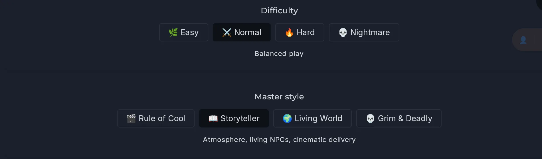 Lobby settings: difficulty levels and master style.