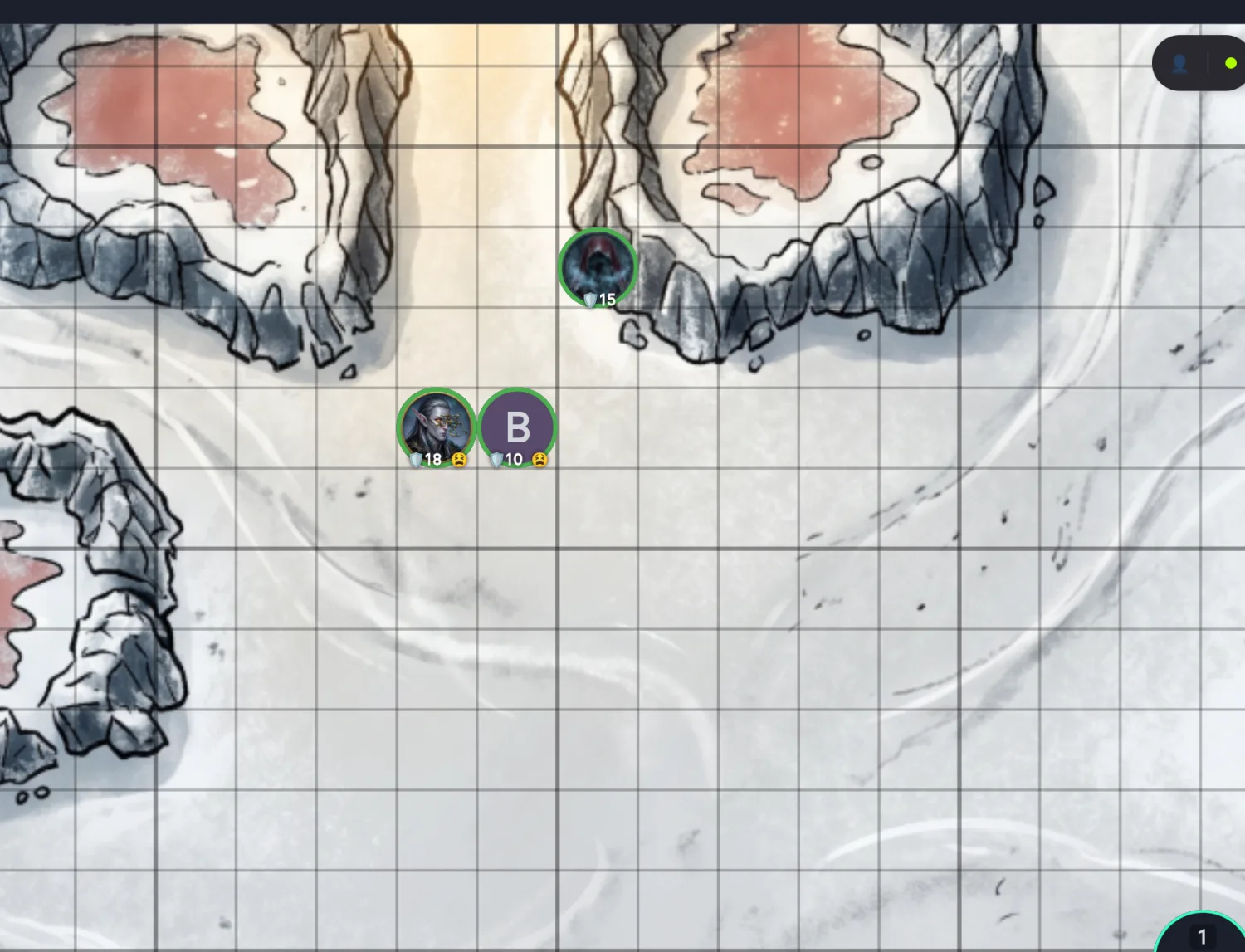 A grid-based tactical battle map with party and enemy tokens.