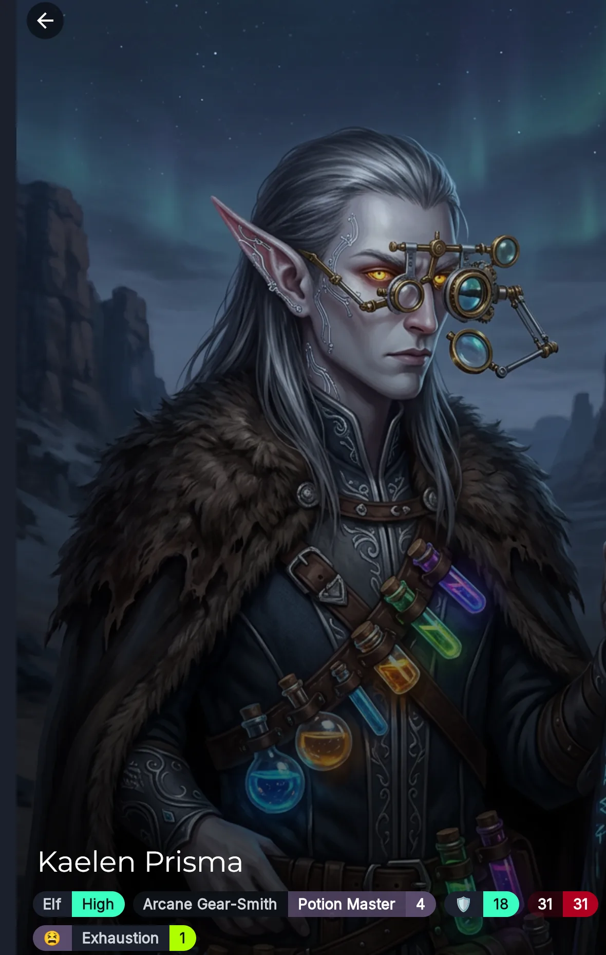 A fully generated hero portrait with class badges, AC and HP for Kaelen Prisma.