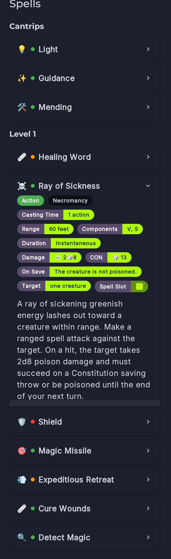 Full spell list with an expanded Ray of Sickness spell.